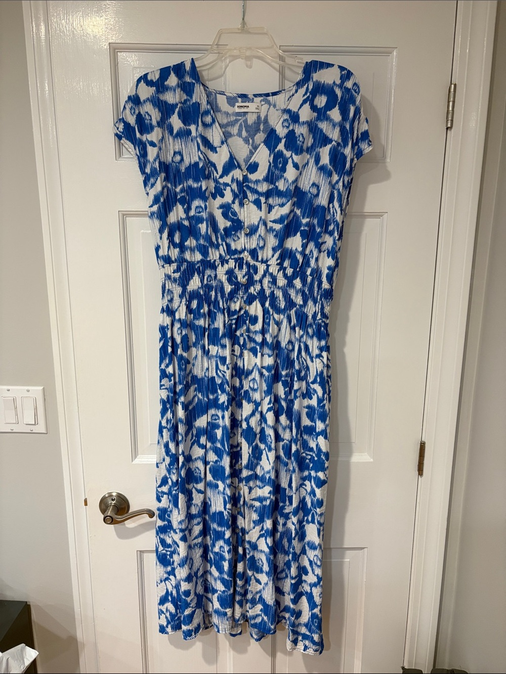 Sonoma Blue and White Floral V-Neck Midi Dress